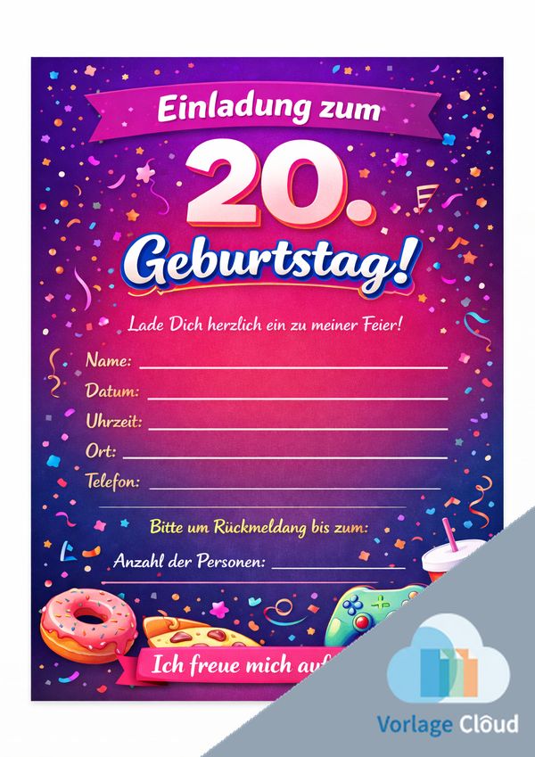 20 geburtstag einladung vorlage fur ausdruck