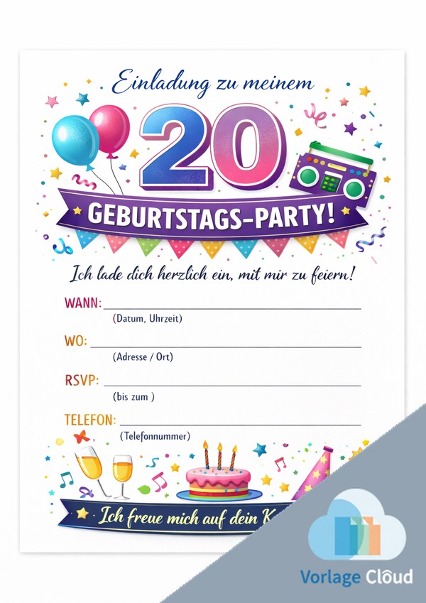 20 geburtstag einladung vorlage zum audrucken