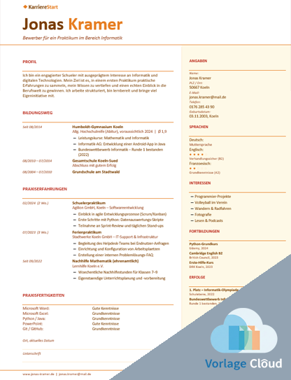 lebenslauf für schülerpraktikum vorlage