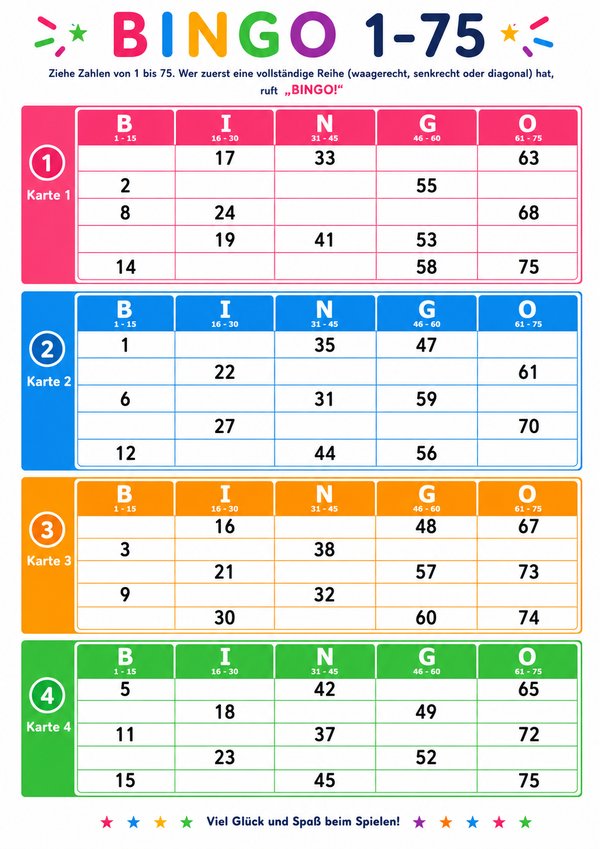 Bingo Karten Bis 75 Vorlage