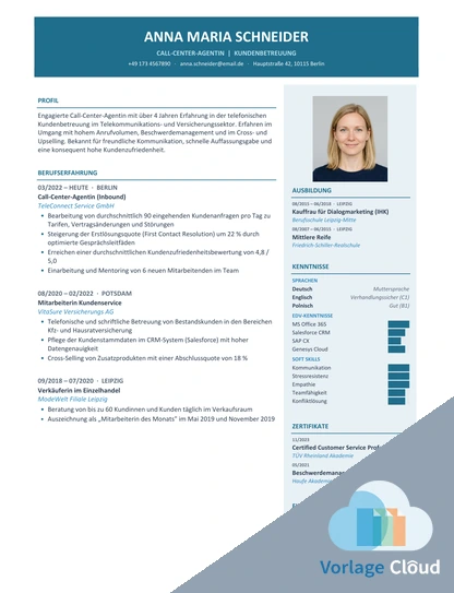 lebenslauf für call center agent