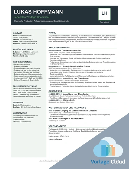 lebenslauf vorlage chemikant kostenlos