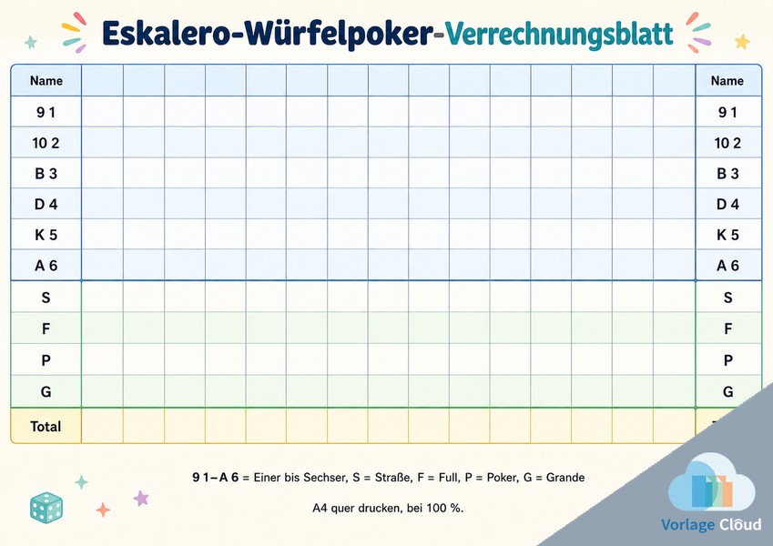eskalero würfelpoker block zum ausdrucken