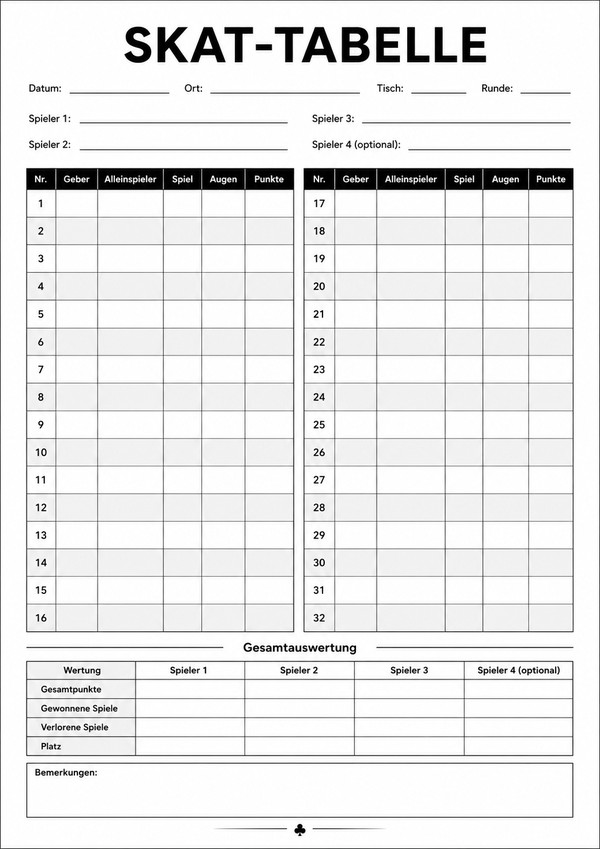 Skat Tabelle Zum Ausdrucken