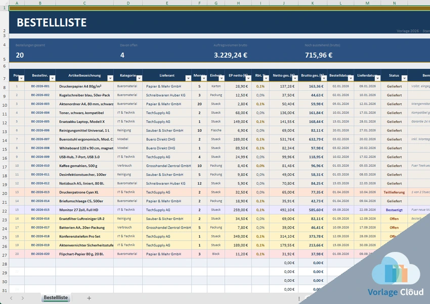 Bestellliste Excel