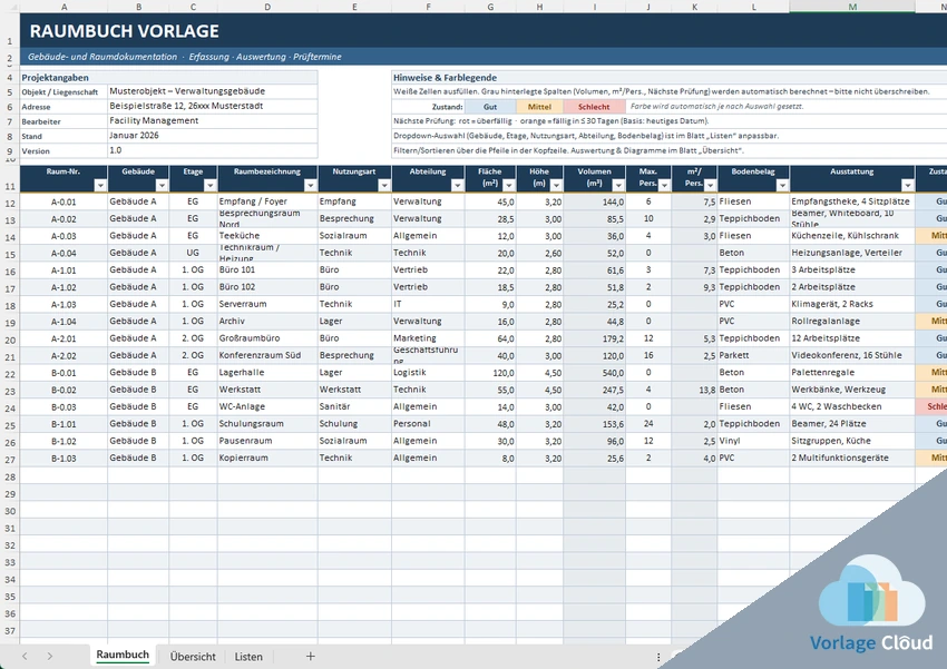 Raumbuch Vorlage Excel
