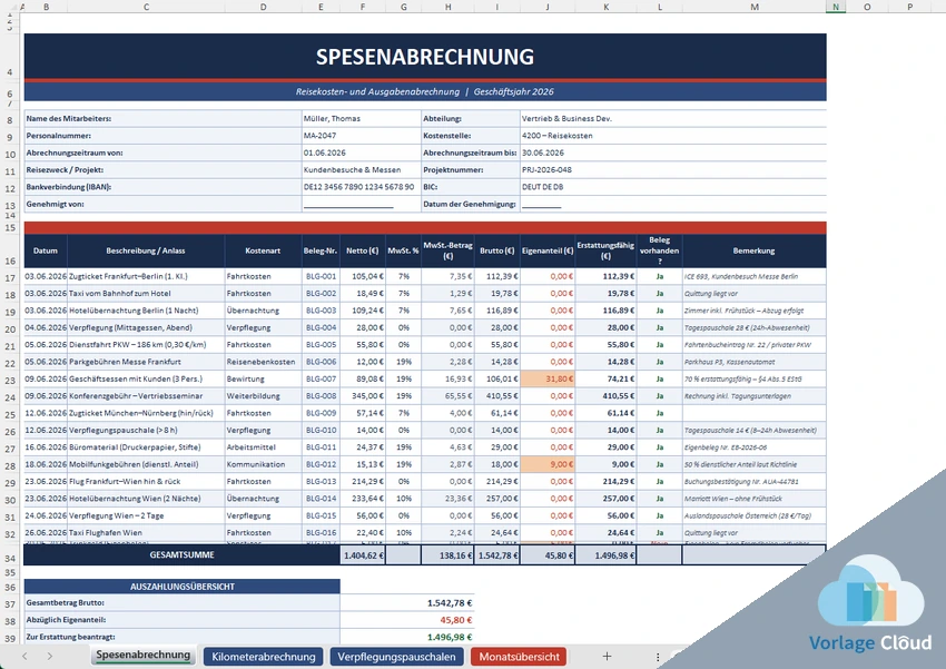 Spesenabrechnung Vorlage Excel kostenlos