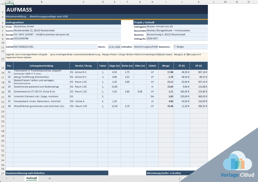 Vorlage Aufmaßblatt Excel kostenlos