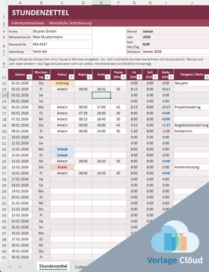 Vorlage Excel Stundenzettel