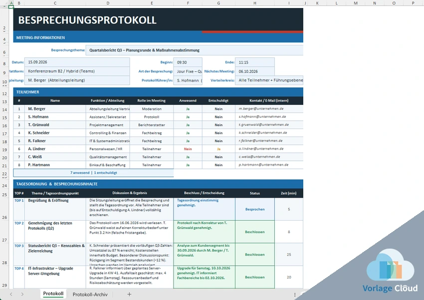 Besprechungsprotokoll Excel Vorlage