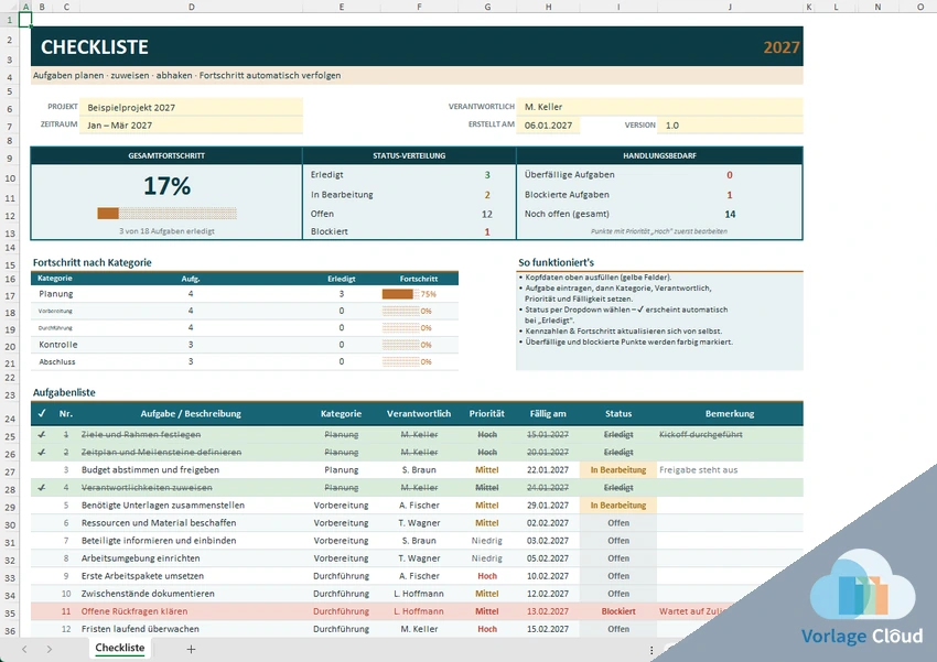 Checkliste Excel Vorlage kostenlos