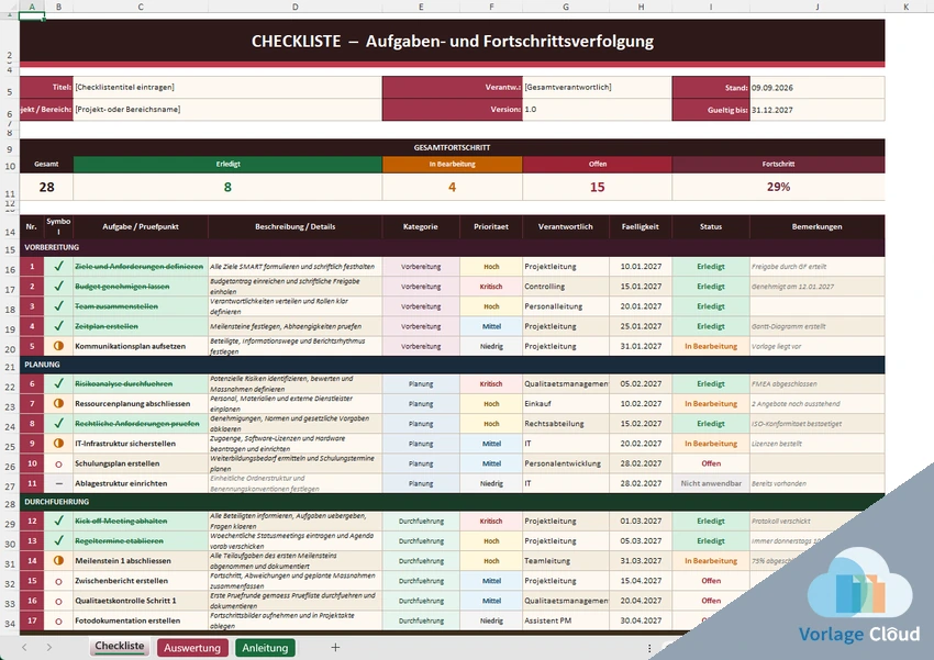 Checkliste Vorlage Excel