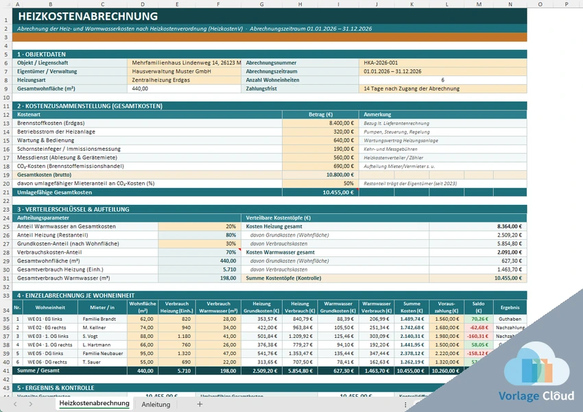Muster Heizkostenabrechnung in Excel
