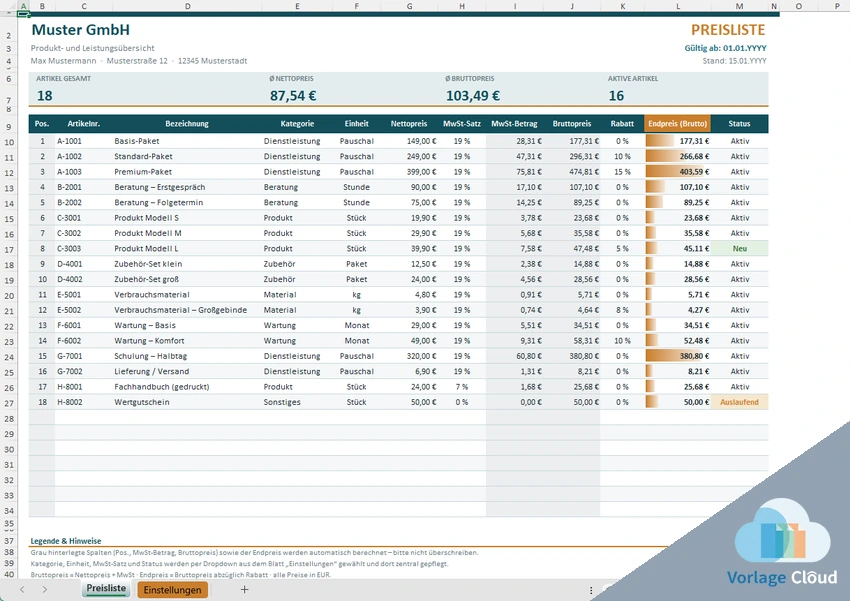 Preisliste Excel