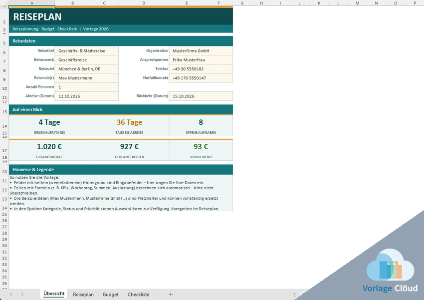 Reiseplan Excel Vorlage