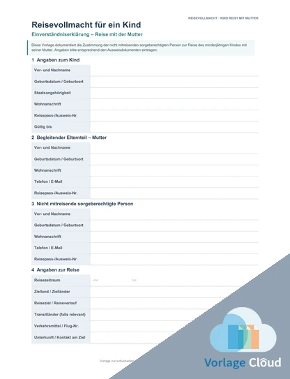 Reisevollmacht Kind mit einem Elternteil Vorlage PDF Mutter