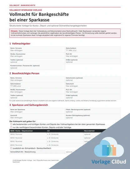 Sparkasse Vollmacht für Konto