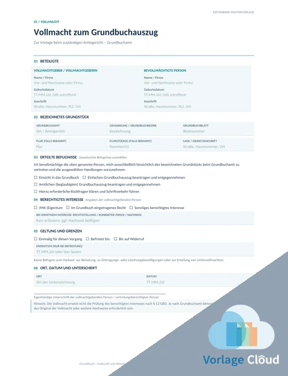 Vollmacht Grundbuchauszug Vorlage PDF