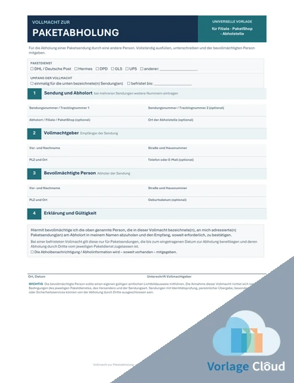 Vollmacht Paketannahme PDF