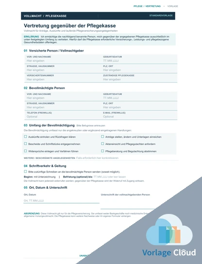 Vollmacht Pflegekasse Vorlage Word