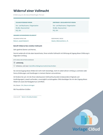 Widerruf Vollmacht Vorlage PDF